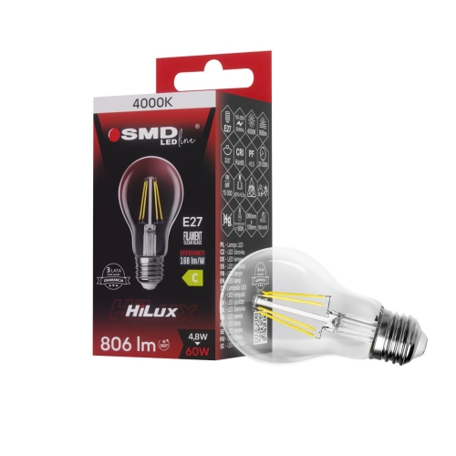 $ ŻARÓWKA E27 LED FILAME 4,8W NW CLEAR HiLux 4724
